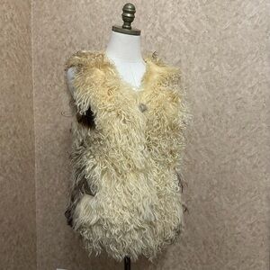 VTG 70s Retro Cream Curly Mongolian Lamb Fur Button Up Shaggy Boho Vest